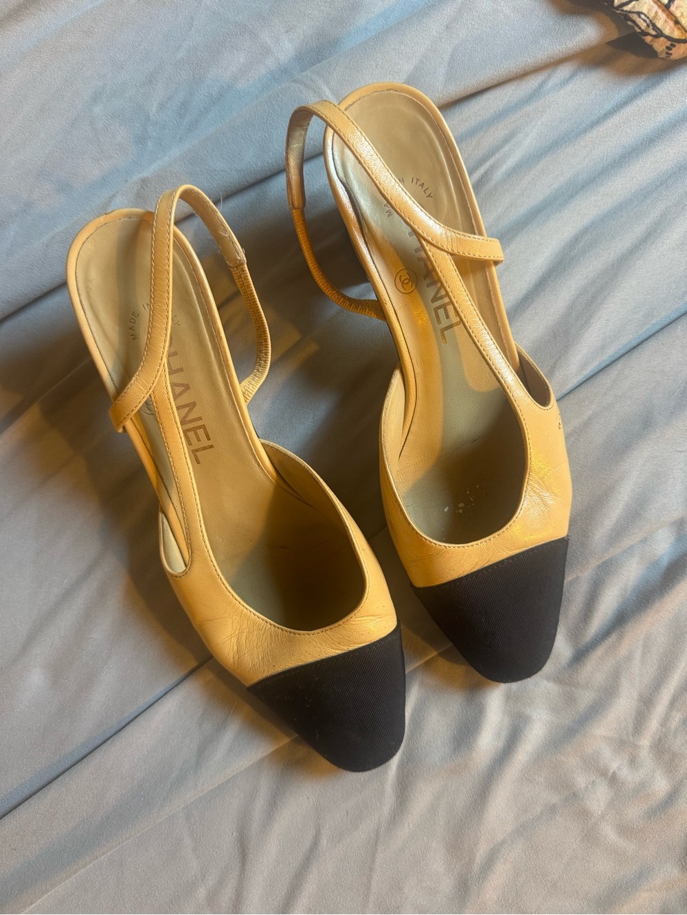 CHANEL Beige Leather Slingback Heels with Black Cap Toe